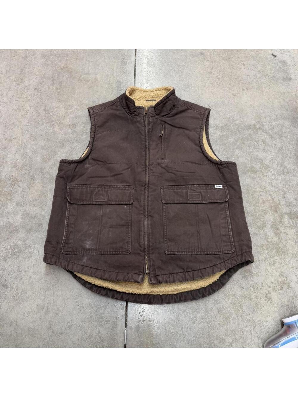 vintage lee brown sherpa lined zip up workwear vest size large